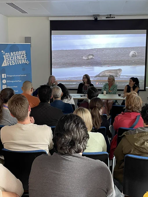 Four people seated delivering a talk to a room full of people. On the projector screen behind is an image of seals, on the left there is  Glasgow Science Festival banner 