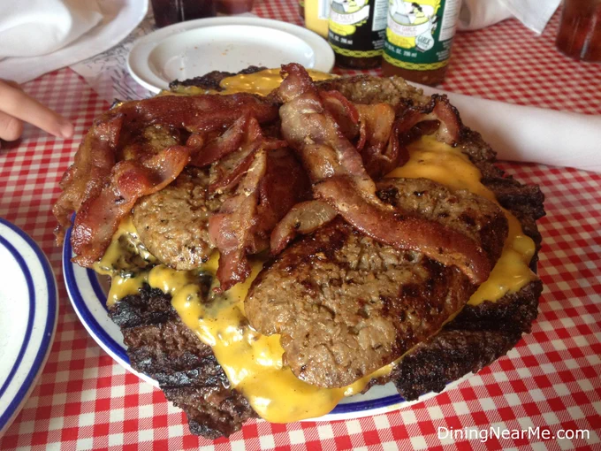Burgers, sausage, bacon and cheese