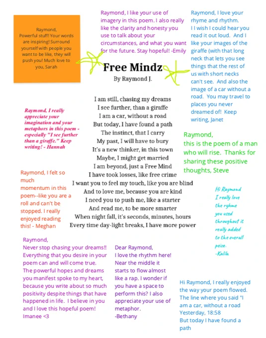 A screenshot of a poem titled "Free Mindz" by Raymond J. The poem's text is centered on the page, and colorful comments typed in different fonts, by different people, surround the poem.