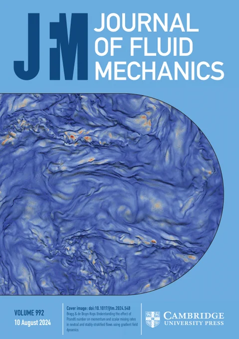 Cover of the Journal of Fluid Mechanics, Volume 992, published on 10 August 2024 by Cambridge University Press. The cover features a detailed image of fluid patterns in blue and white, representing turbulent flow studies.