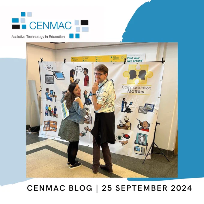 CENMAC Blog 25 September 2024. Image of Occupational Therapist Charlie Danger and a fellow colleague Ruth at Communication Matters photobooth.