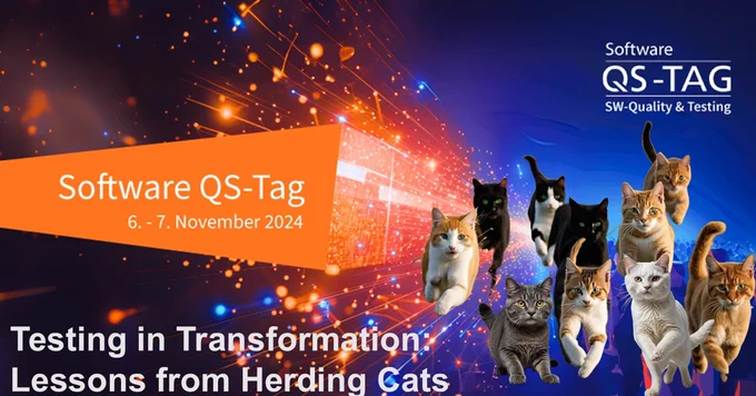 Reklame QS tag mit Katzen und Vortragstitel: Testing in transformation: Lessons from herding cats