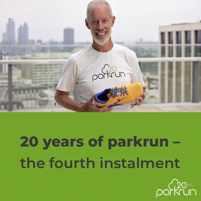 Graphic with image of Paul Sinton-Hewitt holding up the Brooks x parkrun Ghost 16 shoe. With the following text in a green coloured block below - 20 years of parkrun - the fourth instalment