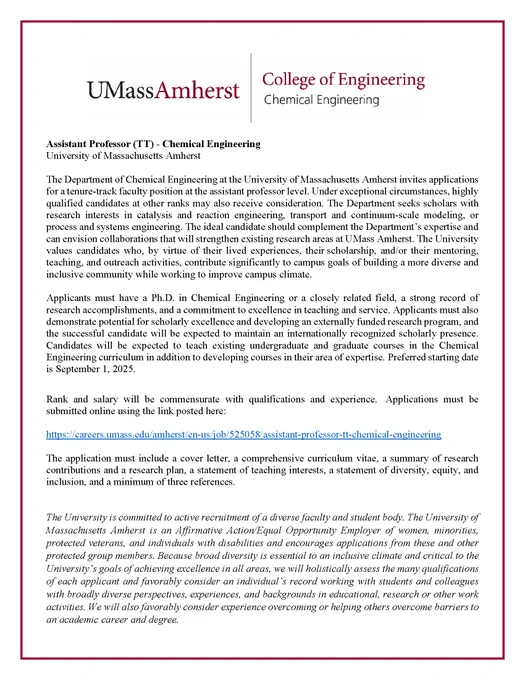 UMass Chemical Engineering faculty position