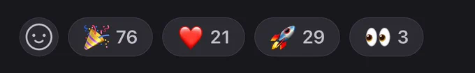 GitHub reactions section on a PR with 76 party popper emojis