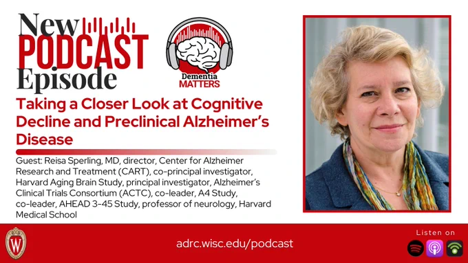 Graphic design to announce the release of the new Dementia Matters podcast, "Taking a Closer Looka t Cognitive Decline and Preclinical Alzheimer's Disease" with guest Dr. Reisa Sperling.