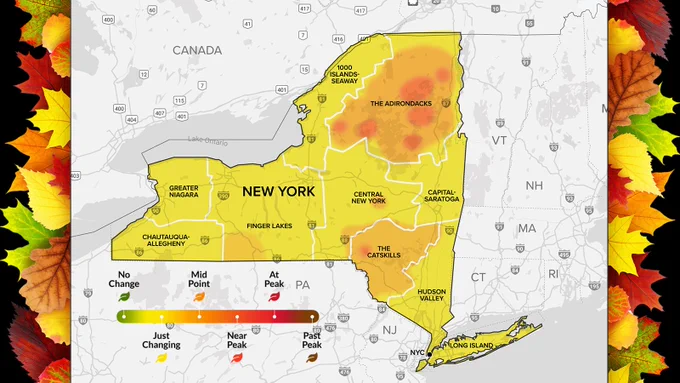 Map showing fall foliage progression in New York State with color-coded areas indicating leaf color change status. Regions like the Adirondacks, Central New York, and the Catskills are marked, varying from 'Just Changing' to 'Past Peak.'