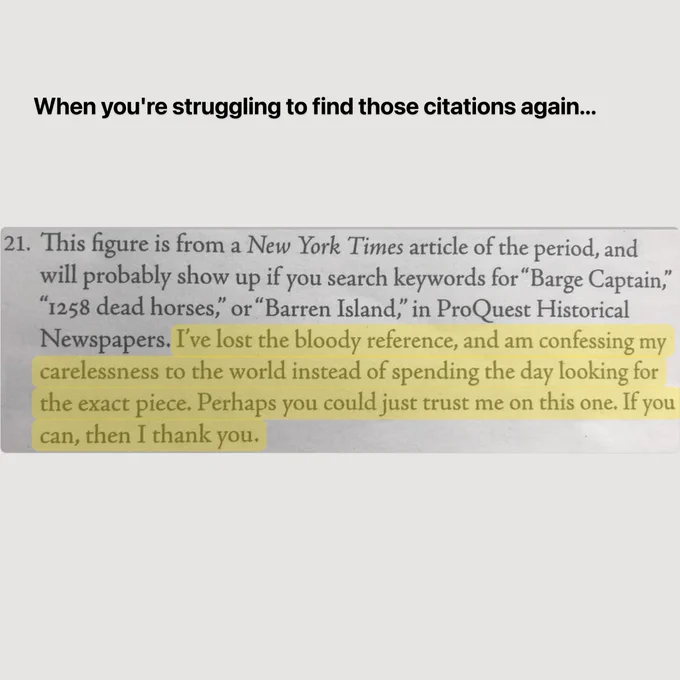 A citation reading: "This figure is from a New York Times article of the period, and will probably show up if you search keywords for "Barge Captain, "1258 dead horses," or "Barren Island," in Pro Quest Historical Newspapers. I've lost the bloody reference, and am confessing my carelessness to the world instead of spending the day looking for the exact piece. Perhaps you could just trust me on this one. If you can, then I thank you."