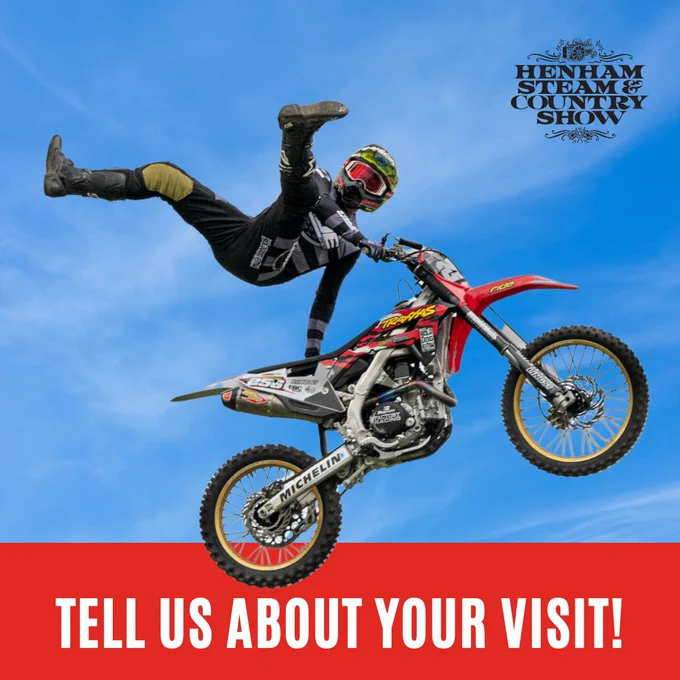 motocross rider. Text reads' tell us about your visit!'