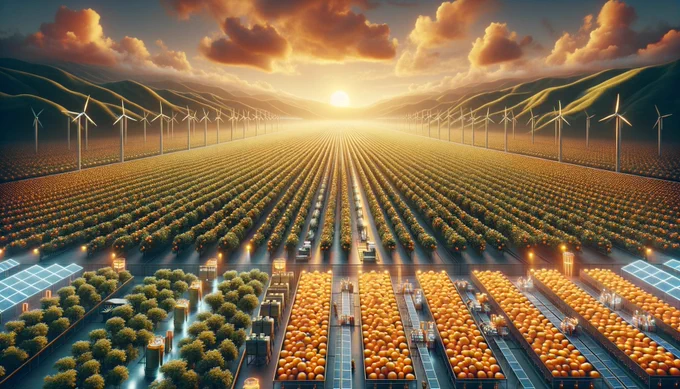 An AI-generated image of a sunset over an expansive sustainable energy farm featuring rows of solar panels, wind turbines, and greenhouses.