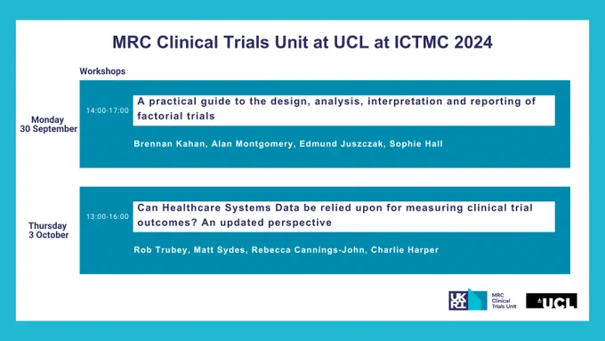 Schedule of MRC Clinical Trials Unit at UCL workshops at ICTMC 2024. Please visit https://bit.ly/3N4vanG for details.