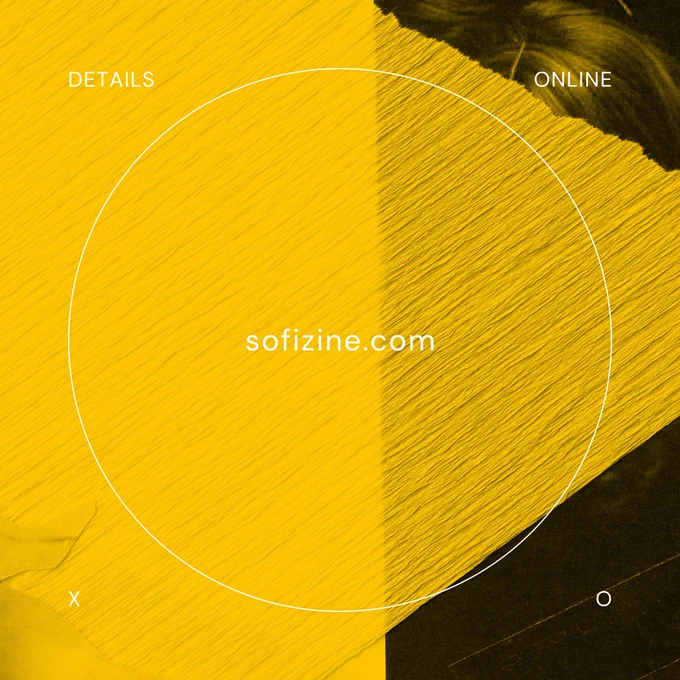 Bright background overlaid with text that reads sofizine.com details online xo