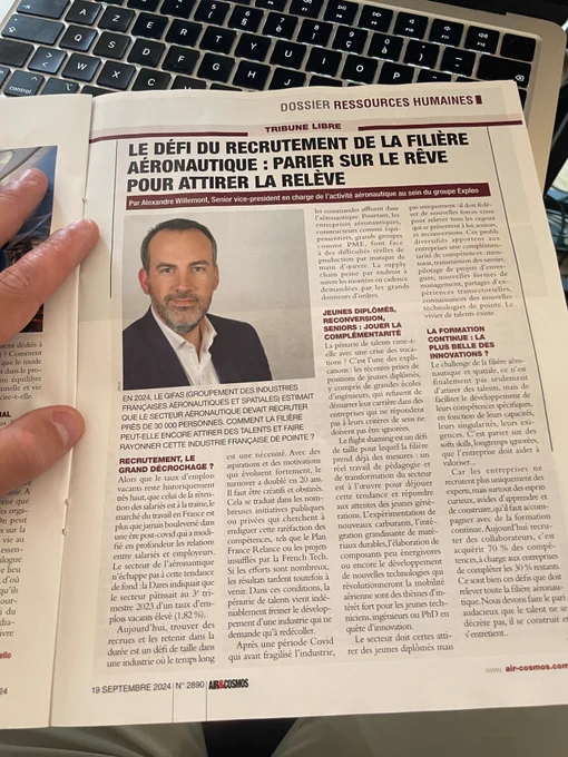 Tribune de notre SVP Aéronautique Alexandre Willemont intitulée "Le défi du recrutement de la filière aéronautique : parier sur le rêve pour attirer la relève" et publiée dans le magazine Air & Cosmos