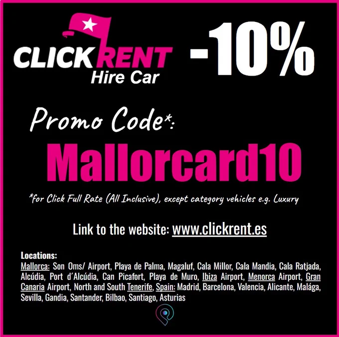 ClickRent Hire Car   -10% discount 
Promo Code: Mallorcard10
www.clickrent.es

Rent a Car Majorca - Mietwagen Mallorca - Alquiler de coches España código promocional descuento

#clickrent #spain #mallorca