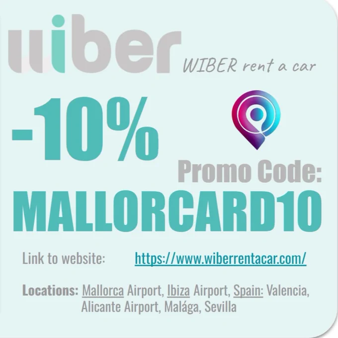 Wiber Rent a Car   -10% discount 
Promo Code: MALLORCARD10
https://www.wiberrentacar.com

#mallorca #majorca #majorque #wiber
Hire Car Majorca Mietwagen Rabatt Mallorca 
Alquiler de coches Mallorca código promocional descuento