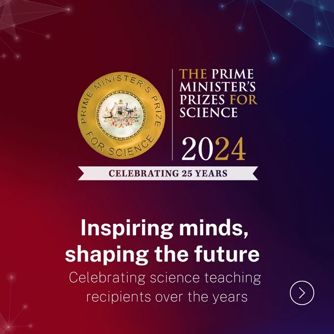 Tile promoting 2024 #PMPrizes
Text reads 'Inspiring minds, shaping the future. Celebrating science teaching recipients over the years.'