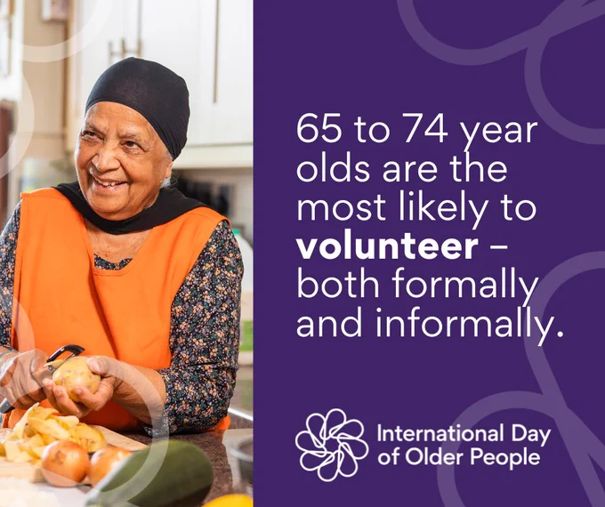 Older person cooking with a statistic on volunteering