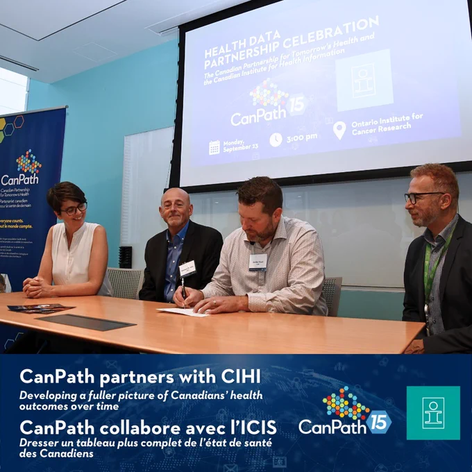 Three men and one woman sit at a table with a presentation screen behind them. Text reads: CanPath partnership with CIHI. CanPath and CIHI logos at bottom.