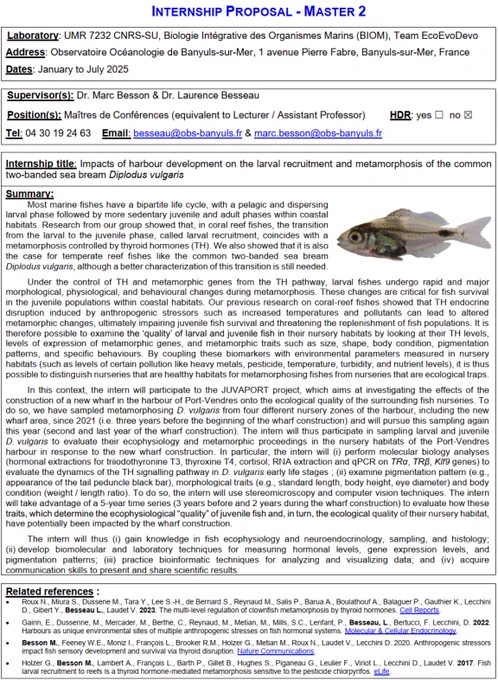 Proposal number 1 on the impacts of harbour development on the larval recruitment and metamorphosis of the common two-banded seabream Diplodus vulgaris