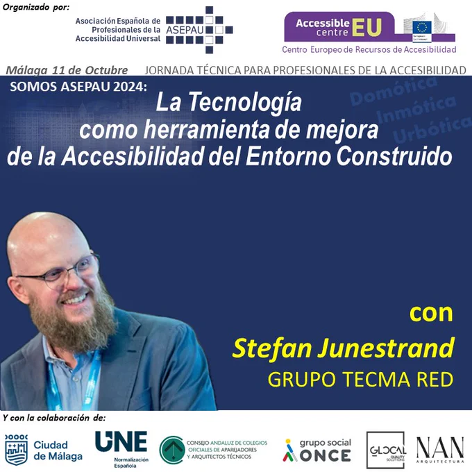 Málaga 11 de Octubre. La tecnología como herramienta de mejora de la accesibilidad del entorno construido. Con Stefan Junestrand (GRUPO TECMA RED).
Foto de la ponente y logos de organizadores y colaboradores