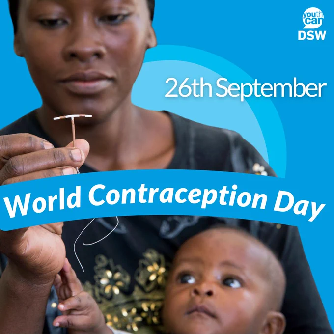 A picture of a mother holding her baby and an intrauterine contraceptive device (IUCD or ICD), which is a small, often T-shaped birth control device that is inserted into the uterus to prevent pregnancy.