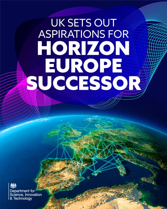 A glowing Earth with network connections, overlaid with text "UK sets out aspirations for Horizon Europe successor."
