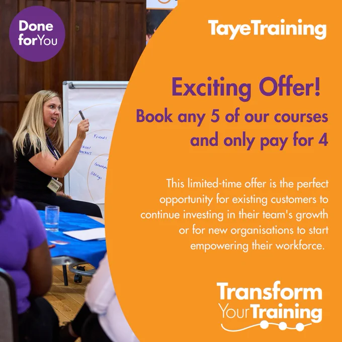 A promotional graphic for an offer by "Taye Training" and "Transform Your Training." The right side features a bold orange background with purple text that reads: "Exciting Offer! Book any 5 of our courses and only pay for 4." Below, in white text, it states: "This limited-time offer is the perfect opportunity for existing customers to continue investing in their team's growth or for new organisations to start empowering their workforce."

On the left side, there is a photo of a trainer leading a session, pointing at a flipchart with people seated around a table. At the top left, a purple circle reads "Done for You." The "Transform Your Training" logo is at the bottom right. The design is in purple, orange, and white tones.