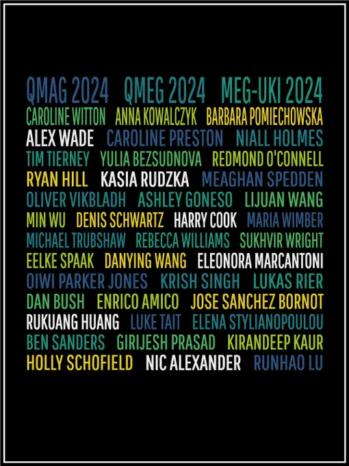 A poster in the style of a music festival lineup listing the speakers of QMEG, QMAG, and MEG-UKI 2024:
Caroline Witton
Anna Kowalczyk
Barbara Pomiechowska
Alex Wade
Caroline Preston
Niall Holmes
Tim Tierney
Yulia Bezsudnova
Redmond O'Connell
Ryan Hill
Kasia Rudzka
Meaghan Spedden
Oliver Vikbladh
Ashley Goneso
Lijuan Wang
Min Wu
Denis Schwartz
Harry Cook
Maria Wimber
Michael Trubshaw
Rebecca Williams
Sukhvir Wright
Eelke Spaak
Danying Wang
Eleonora Marcantoni
Oiwi Parker Jones
Krish Singh
Lukas Rier
Dan Bush
Enrico Amico
Jose Sanchez Bornot
Rukuang Huang
Luke Tait
Elena Stylianopoulou
Ben Sanders
Girijesh Prasad
Kirandeep Kaur
Holly Schofield
Nic Alexander
Runhao Lu
