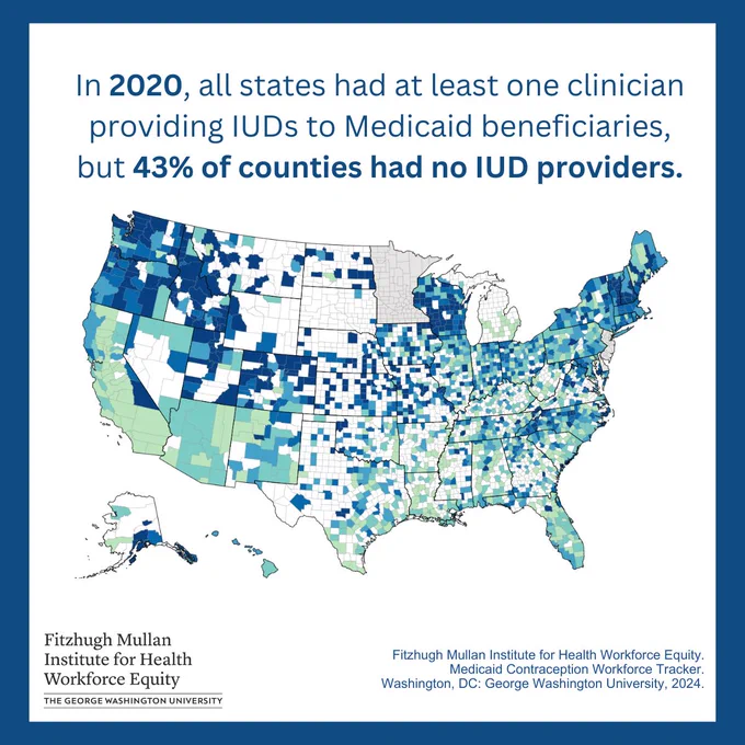 Map visualization of scattered counties in the United States that had IUD providers in 2020