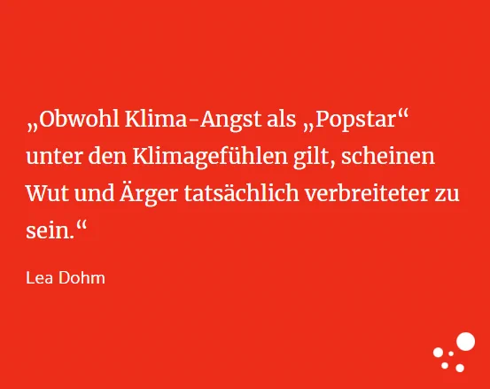 „Obwohl Klima-Angst als „Popstar“ unter den Klimagefühlen gilt, scheinen Wut und Ärger tatsächlich verbreiteter zu sein.“
Lea Dohm