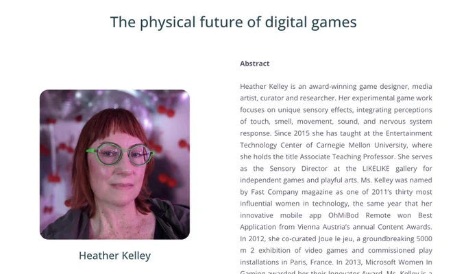 "The physical future of digital games" with a clip of the abstract and a photo of Heather Kelley.
