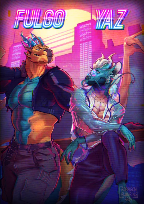 Synthwave-style illustrated poster of two anthro dragon characters. They are standing in front of a sunset city in modern fashion, and smile at the camera. The mood is retro, emulating old TVs.
