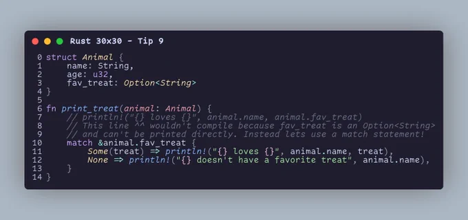struct Animal {     name: String,     age: u32,     fav_treat: Option<String> }  fn print_treat(animal: Animal) {     // println!("{} loves {}", animal.name, animal.fav_treat)     // This line ^^ wouldn't compile because fav_treat is an Option<String>     // and can't be printed directly. Instead lets use a match statement!     match &animal.fav_treat {         Some(treat) => println!("{} loves {}", animal.name, treat),         None => println!("{} doesn't have a favorite treat", animal.name),     } }