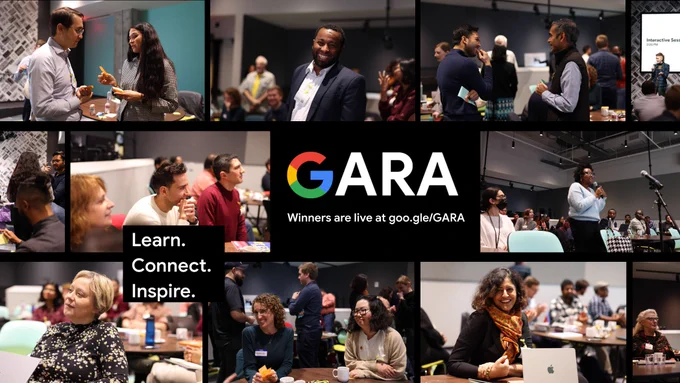 This image features a collage of 10 images that display researchers interacting at a conference, engaging in conversation, giving talks, and posing for pictures. There is text that reads "GARA Winners are live at goo.gle/GARA".