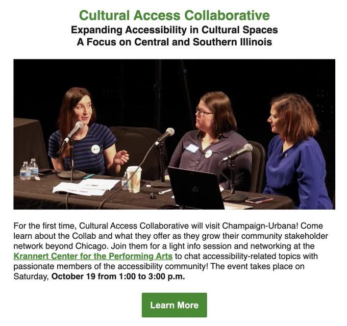 Three women with light skin and brunette hair speak on a panel.  Header reads: Cultural Access Collaborative. Expanding Accessibility in Cultural Spaces: A Focus on Central and Southern Illinois. 