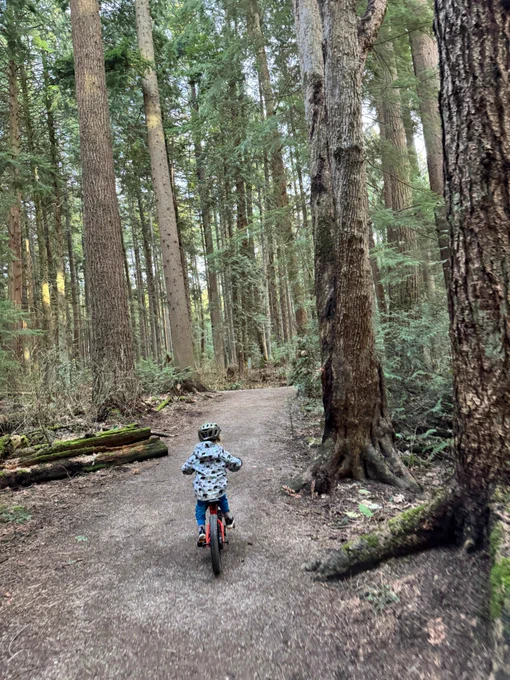 child riding bike in Pacific Spirit Regional Park near UBC