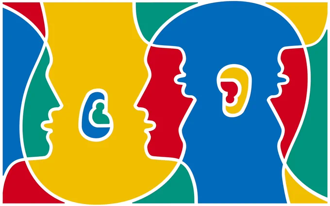 The European Day of Languages logo, featuring interlocking head shapes in yellow, red, blue and green (© Council of Europe, https://www.coe.int/edl).