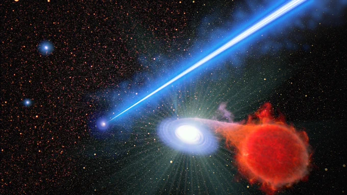 An artist’s concept looks down into the core of the galaxy M87, which is just left of centre and appears as a large blue dot. A bright blue-white, narrow and linear jet of plasma transects the illustration from centre left to upper right. It begins at the source of the jet, the galaxy’s black hole, which is surrounded by a blue spiral of material. At lower right is a red giant star that is far from the black hole and close to the viewer. A bridge of glowing gas links the star to a smaller white dwarf star companion immediately to its left. Engorged with infalling hydrogen from the red giant star, the smaller star exploded in a blue-white flash, which looks like numerous diffraction spikes emitted in all directions. Thousands of stars are in the background.