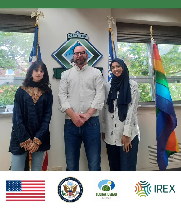 Global UGRAD-Pakistan participants Nayab and Syeda met with Mayor of Green Bay, Wisconsin, Eric Genrich, to discuss local community leadership.