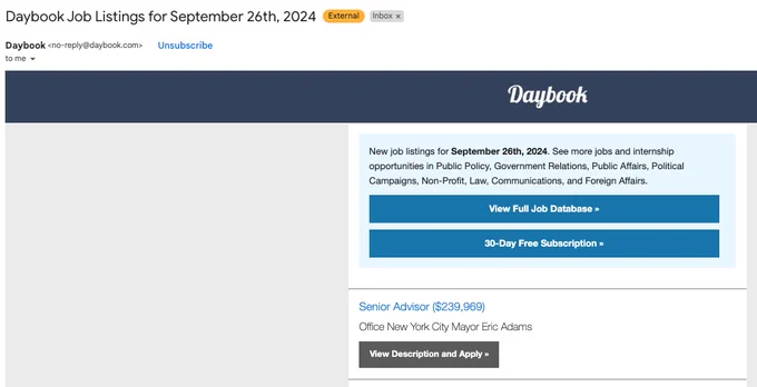 A job posting from Daybrook offering the position "Senior Advisor 
Office New York City Mayor Eric Adams" with a salary of $239,969.