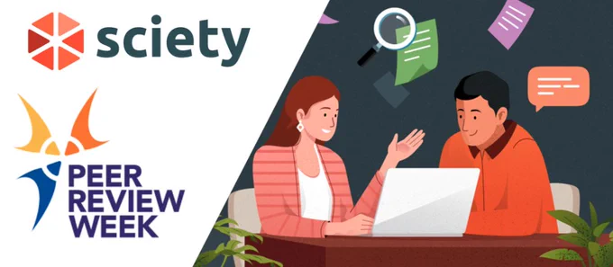 sciety.org and PEER REVIEW WEEK logos sit to the left of an illustration of two researchers sharing a laptop screen, while a magnifying glass and speech bubbles indicate discussion and collaborative review. 
