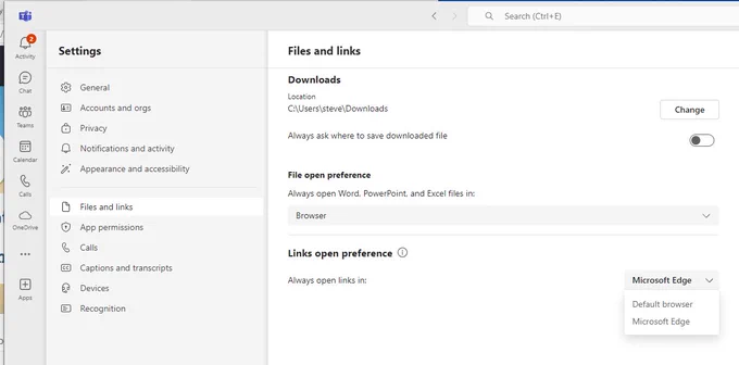 Asinine setting in MS Teams that default opening links in Microsoft Edge instead of Default browser.