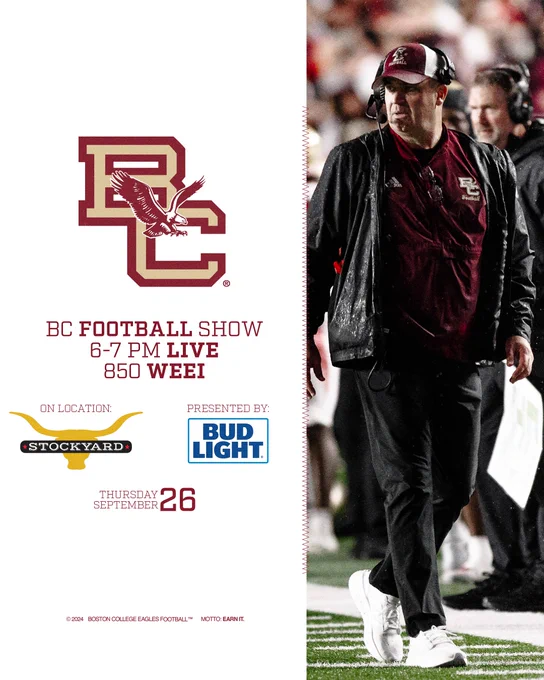 Graphic ft. Bill O'Brien and text "BC Football Show, 6-7 PM Live, 850 WEEI".