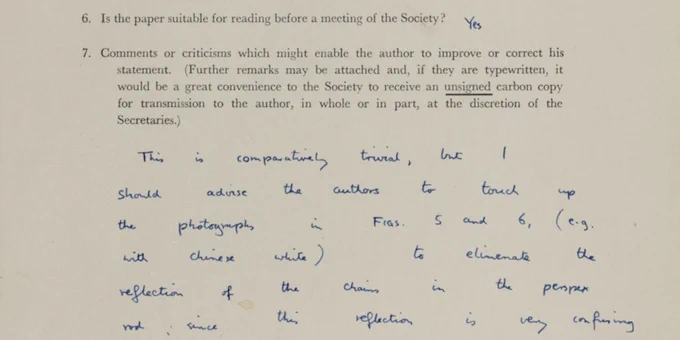 Section of referee's report by Dorothy Mary Crowfoot Hodgkin, on a paper 'The complementary structure of deoxyribonucleic acid' by Francis Harry Compton Crick and James Dewey Watson © The Royal Society Archives