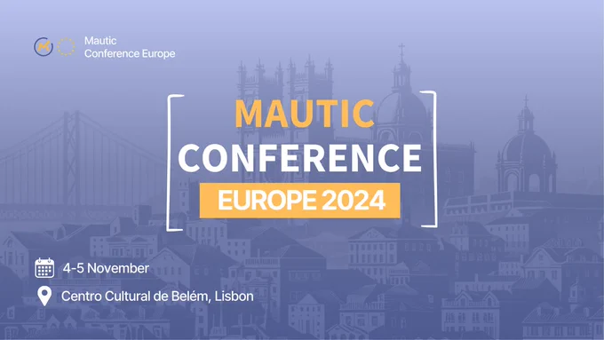 Promotional graphic for Mautic Conference Europe 2024, scheduled for November 4-5 at Centro Cultural de Belém in Lisbon, featuring silhouettes of city buildings in the background.
