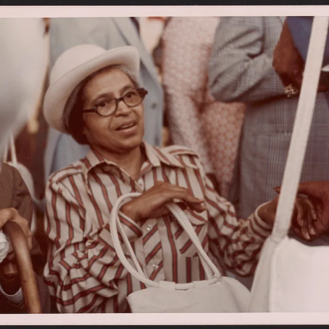 Rosa Parks at ceremonies renaming 12th Street "Rosa Parks Boulevard", Detroit, Michigan. Dated mid-1970s.