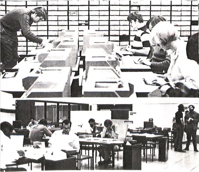 Two images of computer centers circa early 1980s, both black and white pictures with students working at terminals or at tables.