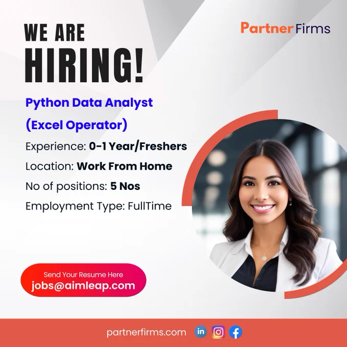 Python Data Analyst (Fresher/Trainee)
Experience: 0 to 1 Year
Location: Anywhere/India
Salary: 10K-15K INR per month
No of positions: 5 Nos
Functional Area: Data Management/Automation
Notice Period: Immediate

Responsibilities:

Hands-on Python and Pandas based data extraction, exploratory data
analysis and data cleaning
MS Excel hands-on experience
Good to have exposure to Web Data scraping/Web Data Mining, SQL
queries and databases
Good to have experience in working on real-time data management projects
Good Analytical & Communication skills and attention to detail
