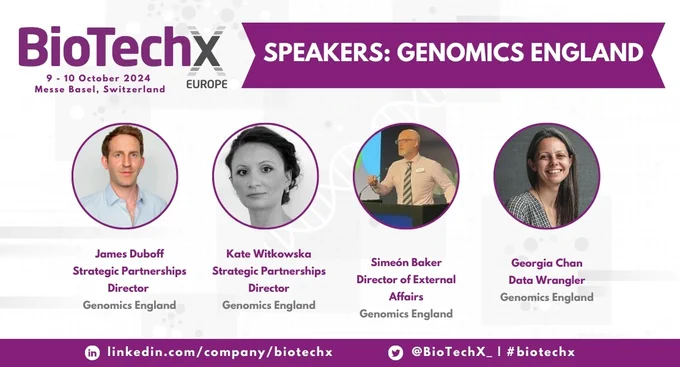 Banner promoting genomics england speakers at biotech with headshots of each, James Duboff, Kate Witowska, Simeón Baker and Georgia Chan.