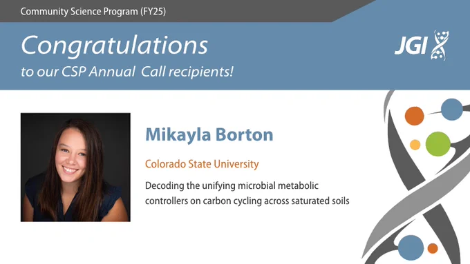 A promotional image features the headshot of someone with long dark hair and proposal title: Decoding the Unifying Microbial Metabolic Controllers on Carbon Cycling Across Saturated Soils